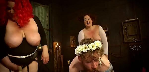 Fat femdoms pegging bound male sub